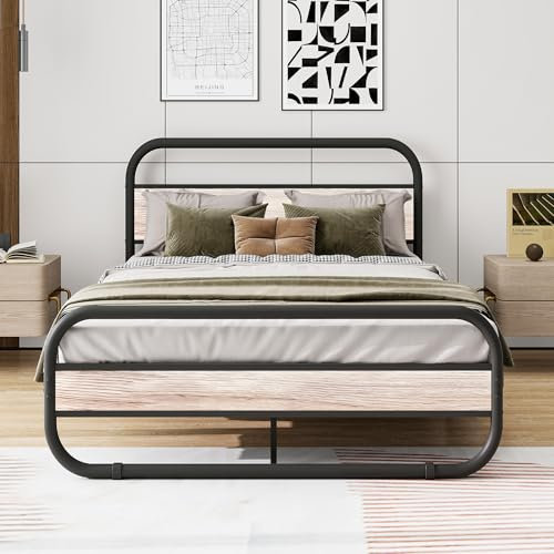 HOMERECOMMEND Double Bed Frame with Headboard,Oval-Shaped Platform Bed with Under-Bed Storage,Steel Slats Mattress Foundation Round Pipe Design Bed Frame Double,Maple