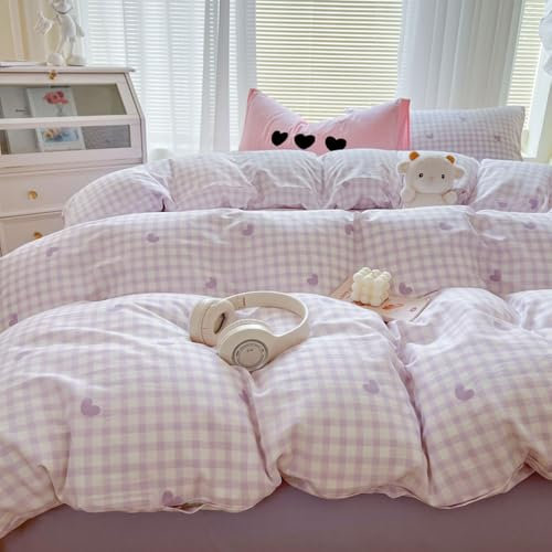 Nyescasa Housse de Couette Coeur Violet 200x200 à Carreaux Violet et Blanc Moderne Parure de lit Adulte 2 Personnes en Microfibre Housses Couettes avec Fermeture Éclair et 2 Taies d'oreiller 65x65 cm