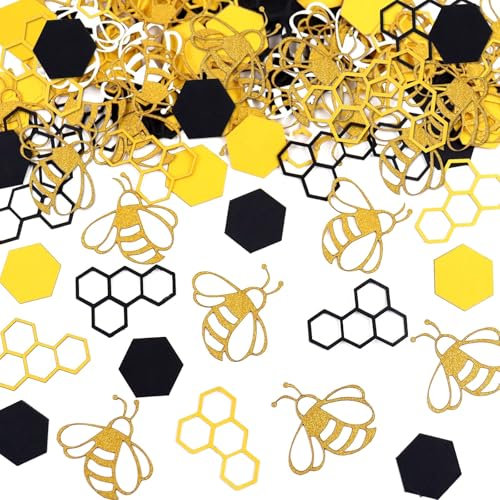 KOBOKO Konfetti Bienen Deko, 100 Stück Happy Bee Day Konfetti, Biene Konfetti mit 5 Stile, Wabenförmiges Sechseck Konfetti Tischdeko zum Streudeko, für Bienenmotivparty Babyparty Geburtstagdekoration