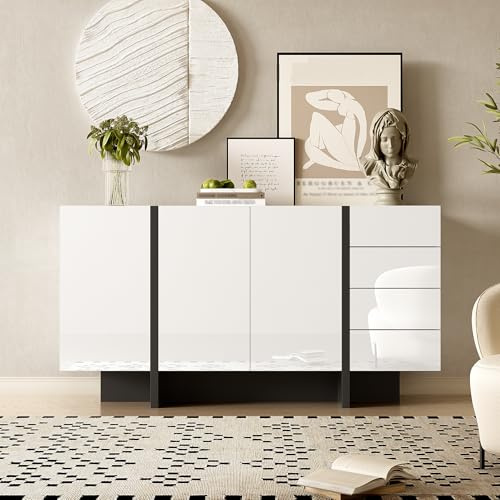 Shye Weißer Hochglanz-Sideboard, moderner und Schlichter Anrichte mit 2 Türen und 4 Schubladen, leicht zu reinigen, ideal für Wohnzimmer oder Esszimmer