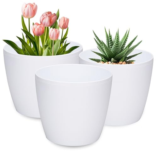 PECZEKO Blumentopf Glänzende, 3er-Set blumenkübel, 21/25/30 cm Pflanzkübel aus Übertopf Kunststoff Topf für, groß und klein Pflanzen, 3er-Set blumenkübel kräutertopf, Weiß