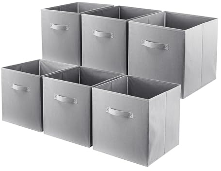 LN COZY CORNER Set of 6 Foldable Cube Storage Boxes Fabric Organizer Bins with Handles for Home Office Kids Room Closet and Shelves (Grey, 33x33x34cm)