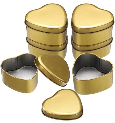 sourcing map 6Pcs Heart Shaped Metal Tins Box, Empty Candy Jars with Lids, Favors Storage Containers for Valentine's Day Candles Wedding Parties Cookies Gifts, Gold (7.5x7x3.5cm)