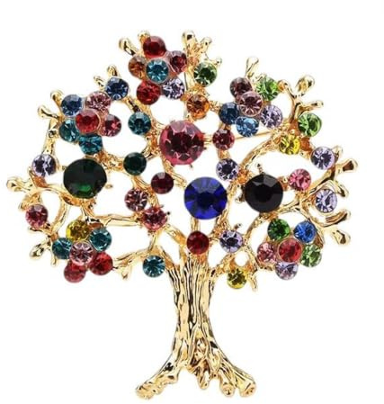 Broche bijou arbre de vie acier doré et strass cristal multicolore.