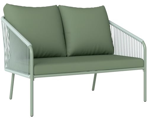 Outsunny Gartensofa mit Kissen 2-Sitzer Lounge Sofa Outdoor Balkon Sofa Rattansofa Gartenlounge Polyrattan Gartenmöbel Balkonmöbel 112 x 72 x 76 cm Grün