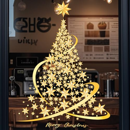 Christmas Tree Window Stickers Large, Reusable Xmas Window Decorations Gold, Christmas Window Clings for Wall, Window, Door, Display Case