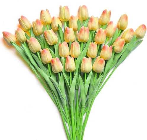 Subacy 30 PCS Artificial Tulips Real Touch Tulips 13.5inch Long Stem Fake Flowers Silk Flowers for Spring Easter Mother's Day Decorations(Champagne+Pink)