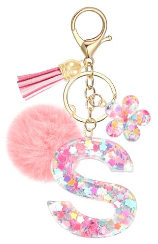 JSRQT Portachiavi con Iniziale S Rosa per Donne Ragazze, Nome Portachiavi Lettere dell'alfabeto in Resina a Fiore con Ciondoli a Pompon, Carino Ciondolo alla Moda Key Chain per Borse e Zaini