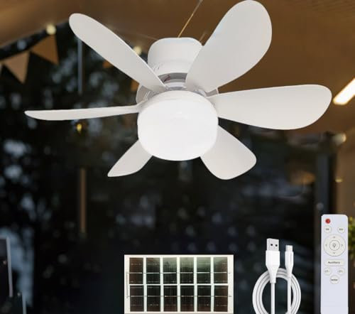 KZT Ventilador de techo solar con mando a distancia, regulable, 3 velocidades, ventiladores de tienda de campaña recargables con luces, linterna solar portátil para camping y pesca al aire libre