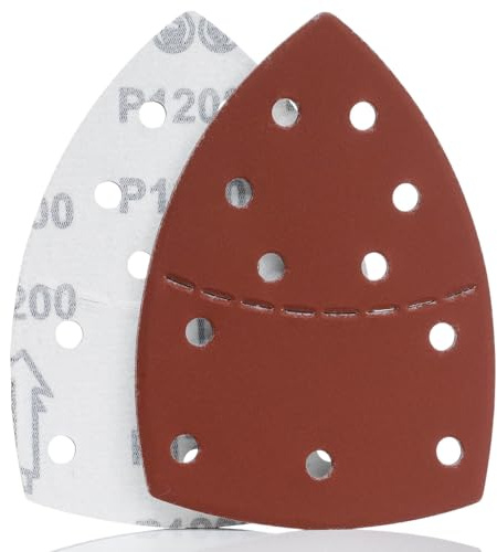 YoiYee Lot de 10 feuilles abrasives grain 1200, papier de verre Delta triangulaire, fermeture auto-agrippante, 11 trous, accessoires pour ponceuse multi-ponceuse, rouge