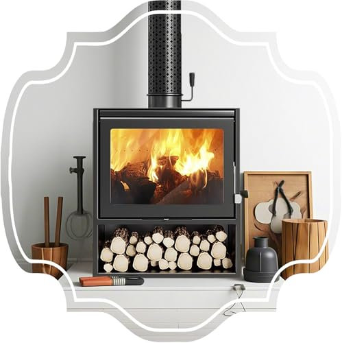 Estufa de Leña de Hierro Fundido | Triple Combustión | Calefactor Multifuel 8KW | con Tubo de Humo y Tetera | Calefacción 30-60m² | Estufa Independiente Portátil(Size:85x60x49cm)