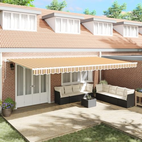 Qnhdfrt Tenda da sole retrattile manuale giallo bianco a righe 600x300 cm rettangolare poliestere protezione solare per balcone terrazza giardino