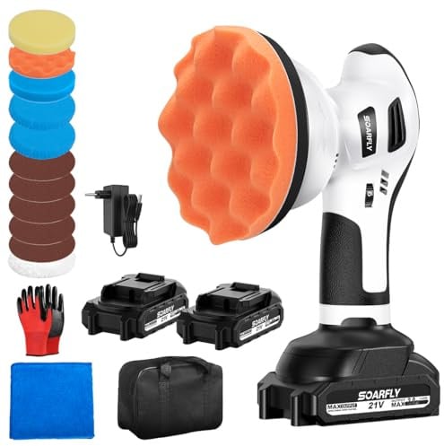 Lucidatrice per auto a batteria, lucidatrice eccentrica a batteria con 2 batterie da 2,0 Ah 21 V, 6 velocità variabili, 3200-6600 giri/min, per la cura dell'auto, il trattamento dei fari