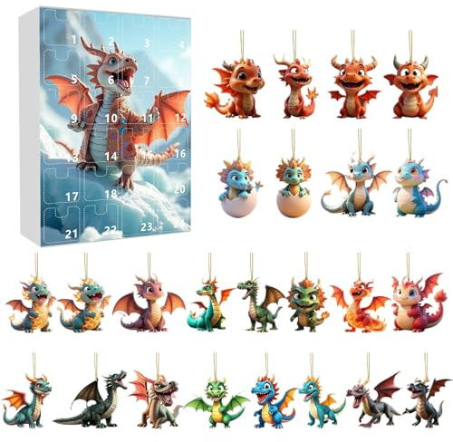 Drache-Adventskalender 2025, 24 Tage Weihnachts Countdown Kalender mit 2D Acryl Dinosaurier Anhänger für Weihnachtsbaumschmuck, Auto, Rückspiegel