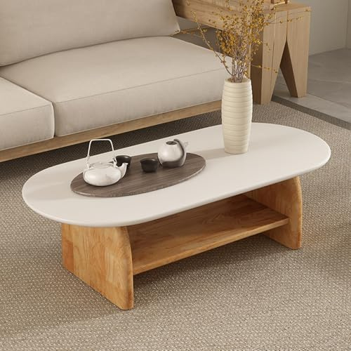 YITAYMLI Eichen-Oval-Couchtisch für Wohnzimmer, moderner kreativer Niedrigtisch mit Stauraum, einlagig/zweilagig, Wabi-Sabi-Stil, abgerundete Kanten, für kleine Räume(Double Layer A,120CM/47.2IN)