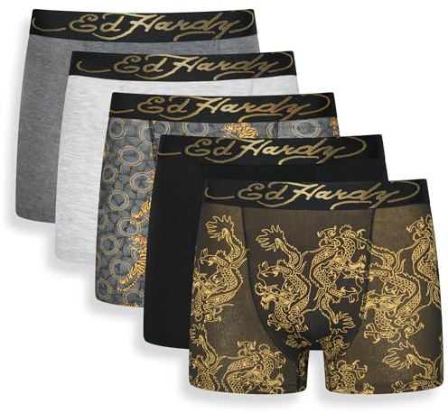 Ed Hardy Men's Novum Boxer Shorts Multipack, 5 Pack, Assorted Colours | Breathable cotton blend, elasticated logo waistband and secure fit for daily wear, 5 pack; Assorted Colours