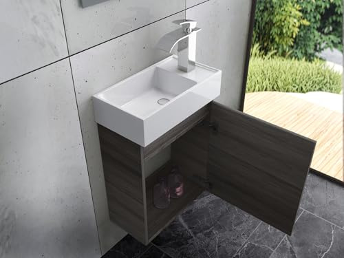 Faizee Home | Badmöbel Set Grau – Waschtisch mit Unterschrank & Keramik-Waschbecken | Inkl. Wasserfall-Armatur in Chrom | Modernes Badezimmermöbel mit elegantem Design