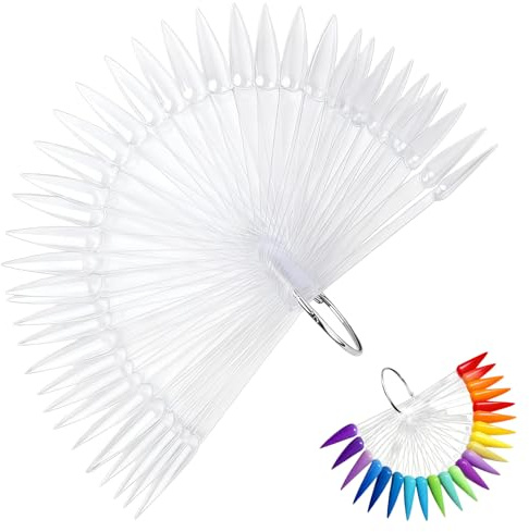 100 Pcs Clear Nail Swatch Sticks, Stiletto Nail Swatches, Nail Art Practice Display Tips with Metal Ring, Fan-shaped for Design,Manicure Training,Salon,Home Use