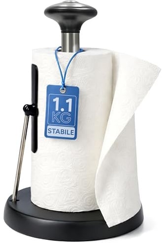 DISTOCK Porta Rotolo da Cucina in Acciaio Nero 1,1 kg, Super Robusto con Base Antiscivolo e Design Moderno