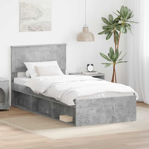 Qnhdfrt Single Bed mit Kopfteil 90x200 cm Kiefernholz Betonoptik Modernes Bettgestell mit Lattenrost Stabiler Holzrahmen für Jugendzimmer Gästezimmer Erwachsene