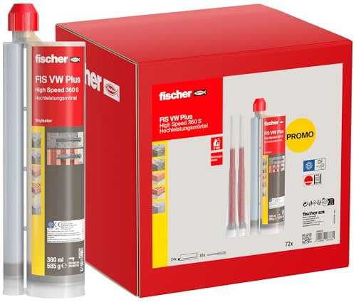 fischer Hochleistungsmörtel FIS VW Plus 360 S im Umkarton, Mörtel mit kurzer Aushärtezeit, für Beton und Mauerwerk, auch für wassergefüllte Bohrlöcher, 24 x 360 ml Kartuschen und 48 x Statikmischer