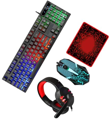 Vaguelly Gaming Keyboard and Mouse Combo USB 2.0 Wired Set with Headset and Mouse Mat, 104 Keys Abs Material, High Performance and Easy to Install, for Home and Office Use