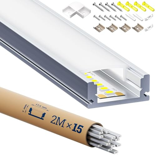GEEKLUX 15 × LED Schiene 2m U-Form Aluprofil mit weißer Abdeckung,Endkappen & Montageclips Alu Leiste für Lichtstreifen bis 12mm Led Schiene Kanäle Leiste Diffusor unterputzprofil