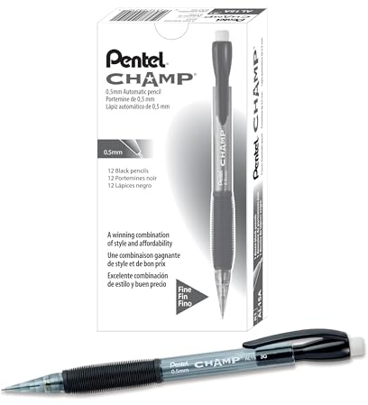 Pentel Champ Mechanical Pencil, (0.5mm) Lead Size, Black Barrel, Box of 12 (AL15A)