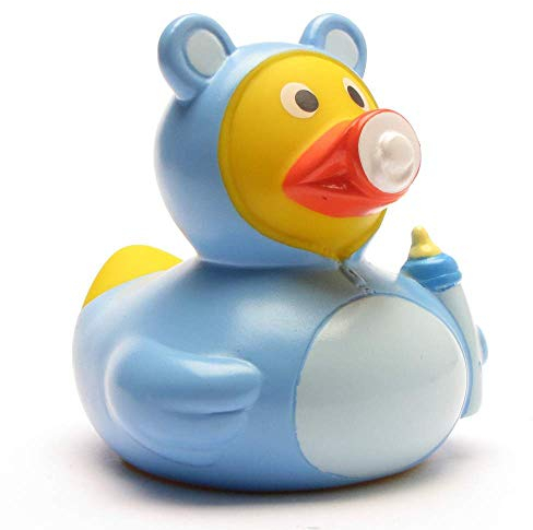 DUCKSHOP I Badeente Baby Junge I Quietscheente I L: 7,5 cm I inkl. Quietscheentchen-Schlüsselanhänger im Set I Geschenk für Baby-Party I Präsent Gender-Reveal