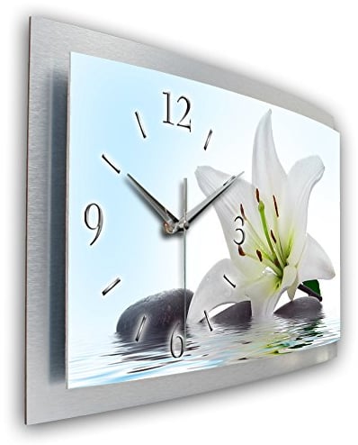 Kreative Feder 3D Designer-Wanduhr Lilie Weiß in modernem Metallic-Design; leise Funkuhr mit Motiv wahlweise in Zwei Größen (Lilie, 80x40cm; leises Funkuhrwerk)