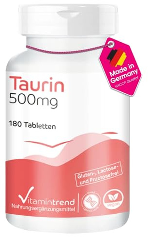 Vitamintrend Taurin 500mg Tagesbedarf, 180 Tabletten, hochdosiert, Nahrungsergänzungsmittel vegan ohne Magnesiumstearat, in Deutschland hergestellt