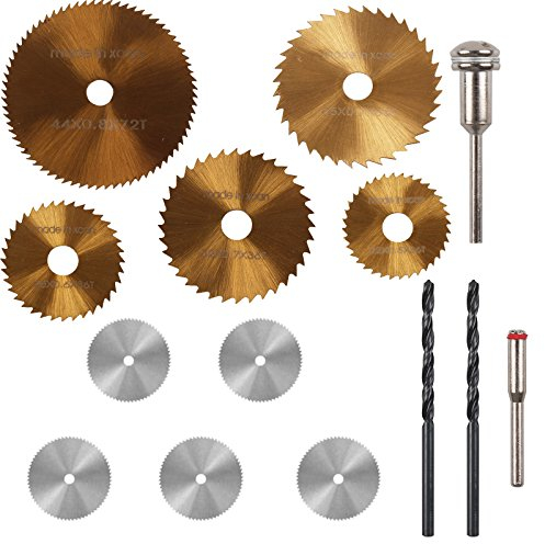 Prommon HSS Sägeblatt, 5 Stück Tibeschichtete Sägeblätter, Rotationswerkzeug & 5 Stück Edelstahl-Holzschneidescheiben & 2 Stück 3 mm Spiralbohrer für Rotationswerkzeuge (12 Stück)