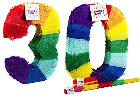 Trendario Pinata Zahl 30 Set - Mehrfarbig - ungefüllt - Ideal zum Befüllen mit Süßigkeiten und Geschenken - Piñata für Geburtstag Spiel, Geschenkidee, Party, Feier, Überraschung Stab Maske