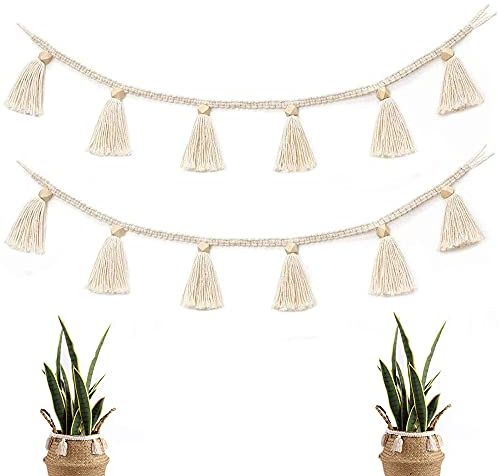 2 Stück Quasten Girlande, wimpelkette Boho, Boho wandbehang, Boho wanddekoFür Wohnheim, Wohnzimmer, Schlafzimmer, Party, Drinnen Und Draußen, Party, Hängedekoration(weiß)
