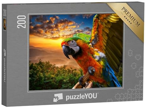 puzzleYOU: Puzzle 200 Teile „Prächtige Farben der Natur: Ara im Sonnenuntergang“ – aus der Puzzle-Kollektion Tiere, Vögel, Papagei, Tiere in Dschungel & Regenwald