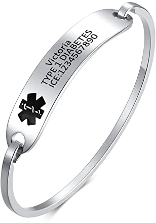 XUANPAI Kostenlos Benutzerdefiniert Medizinischer Alarm Manschettenarmband für Frauen Personalisierte Gravur Name ID Tag Armband Edelstahl Identifikation SOS Notfall Schmuck für Mädchen,Rotes Logo