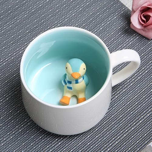 3D Tier Kaffee Tasse mit Nette Pinguin Innen, Cartoon Kaffeetasse Milch Tee Keramik Becher, Süß Teetasse Geschenktasse Porzellan Tasse für Kinder, Frauen, Mädchen - Geburtstage Vatertag Geschenk