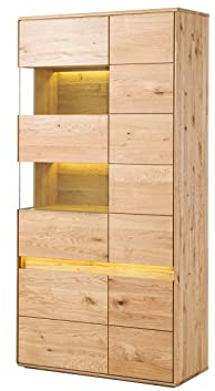 MASSIVMOEBEL24.DE | Cardiff Vitrine aus Massivholz inkl. LED-Beleuchtung #111 | Wildeichenholz - Natur, geölt | mit 13 Fächern | 103 x 43,5 x 207 cm | Holzvitrine Standvitrine