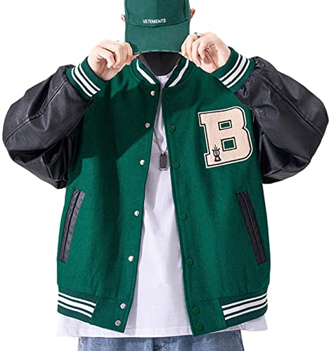 GIJOVANA College Jacke Herren Oldschool Sportjacke Varsity Jacket Patchwork Collegiate Baseballjacke Stehkragen Streetwear(Grün,L)