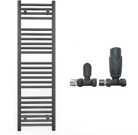 Myhomeware 450mm Wide Straight Anthracite Grey Heated Bathroom Towel Rail Radiator With Valves For Central Heating UK (With TRV Straight Valves, 450 x 1200 mm (h))