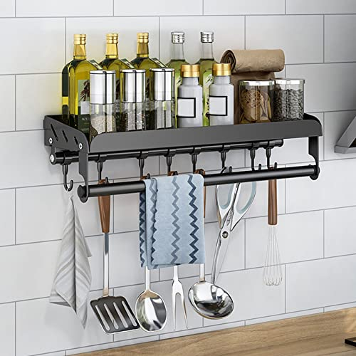 Gewürzregal Wand küchenregal Ohne Bohren Gewürzregal Hängend Küchenhalterung mit Stangen 8 Haken Hängeregal für Gewu?rzgläser, Edelstahl Wandregal Gewürzregal für Küche Badezimmer (Schwarz 40cm)
