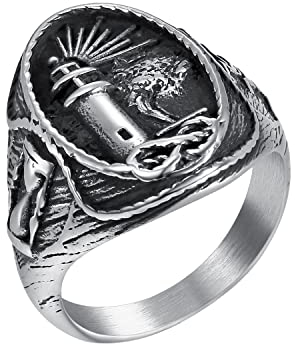 HIJONES Herren Edelstahl Leuchtturm Siegelring Nautisch Vintage Statement Ehering Silber Größe 57