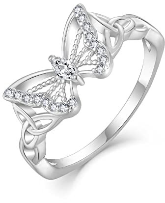 FJ Schmetterling Ring Damen 925 Sterling Silber Keltischer Knoten Ring mit Zirkonia Schmetterling Schmuck Geschenke für Frauen (Größe 62)
