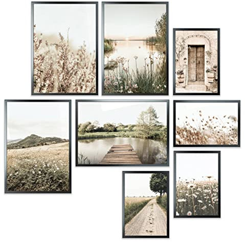 Heimlich® Premium Poster Set mit Bilderrahmen Holz Schwarz | 4 x DIN A3 & 4 x DIN A4 - ca. 30x42 & 21x30 | Stilvolle Poster Collagen mit modernen Bilder als Wanddeko |» Blumen Deko «