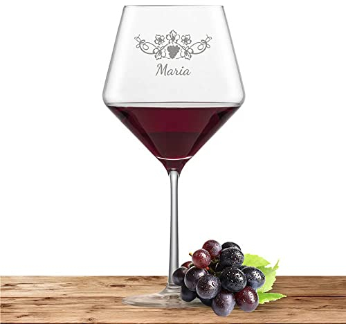 Rotweinglas mit Namen oder Wunschtext graviert - Schott Zwiesel Glas Burgunderglas PURE - Weinglas personalisiertes Geschenk (Weinrebe)