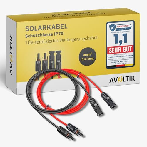 avoltik Solarkabel 4mm2 in 5m I 1 Paar TÜV-zertifiziertes Balkonkraftwerkkabel I robustes PV Kabel doppelt isoliert & wetterfest I IP67 Solar-Anschlusskabel I Photovoltaik Kabel rot & schwarz