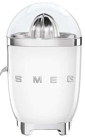 Smeg, Spremiagrumi Elettrico CJF11WHEU, Spremitura a Pressione Manuale, Beccuccio Antigoccia e Cono Universale, Base Antiscivolo, Avvolgicavo Integrato, 70W, Bianco