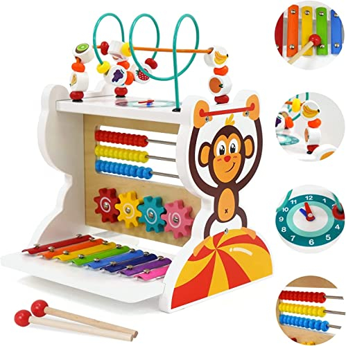 Nukdey Holz Motorikwürfel 5 in 1: Xylophon Musikinstrumente Multifunktional für Kinder| Montessori Spielzeug Mit Holzperlenlabyrinth Abakus und Xylophon ab 3 Jahre +