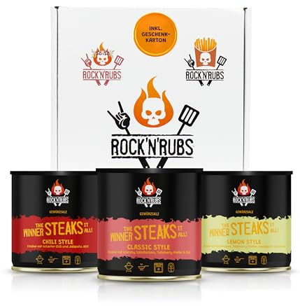 ROCK'N'RUBS® Gewürzset 3er Set Classic, Lemon, Chili Style (3x140g) – BBQ Grillgewürze für Steak, Burger & Fisch – Geschenkset Männer & Frauen – Made in Germany