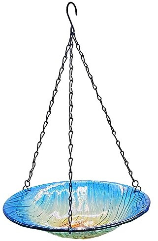 WUFEILY Vogeltränke zum Aufhängen, Vogeltränke für den Außenbereich, Vogeltränke aus Glas, mit blau-orangefarbenem Texturmuster für Garten, Terrasse, Dekoration